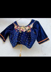 Navy Blue Velvet Lehenga with Peach Dupatta