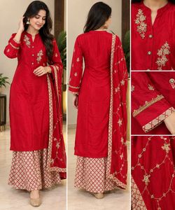 Red Kurta Set with Skirt and Dupatta
