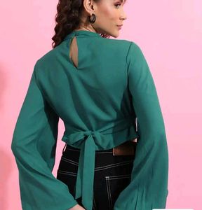Stylish Teal Bell Sleeve Crop Top
