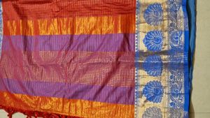 Elegant Red Silk Saree with Blue Border
