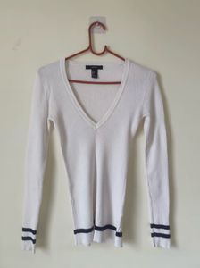 White V-Neck Ribbed Sweater