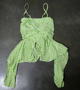 Green Gingham Twist Front Top