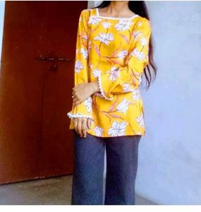 Yellow Floral Print Kurta with Bell Sleeves