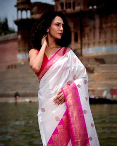 Elegant White Saree with Pink Border