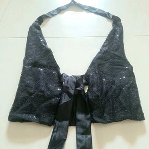 🖤 Handcrafted Black Sequin Halter Tie-Front Top