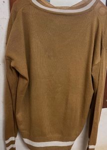 Cozy Brown V-Neck Sweater with Striped Trim