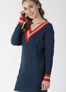 Navy Blue and Red Solid Pullover sweater