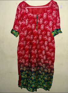 Stiched Red Kurta With Piping On Neck