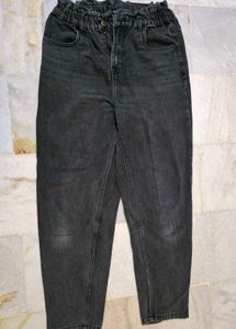Washed Black Denim Paperbag Waist Jeans