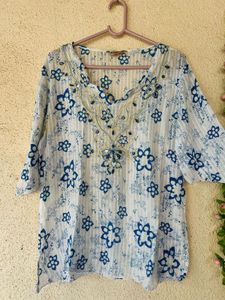 Blue Floral Print Embroidered Kurta