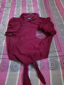 Burgundy Tie-Front Top with Sequin Pocket