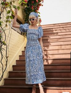 Blue Floral Midi Dress, size S, stretchable.