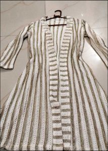 New White And Gold Wool Overcoat Shrug