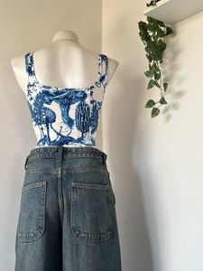 Blue &amp; White Mushroom Print Corset Top