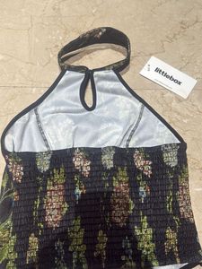 Embroidered Black Halter Neck Top