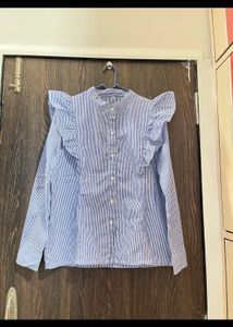 Blue Striped Ruffle Top