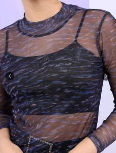 Blue Patterned Mesh Top