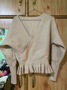 Soft Pink Ruffled Wrap Sweater