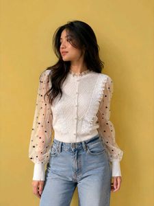 Sheer Sleeve Button-Up Top