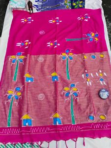 Vibrant Pink Hand-Painted Saree