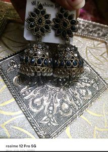 Exquisite Black & Gold Jhumka Earrings