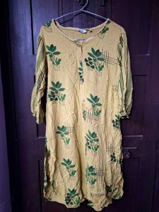 Pale Olive Green Kurta with Potted Plant Print