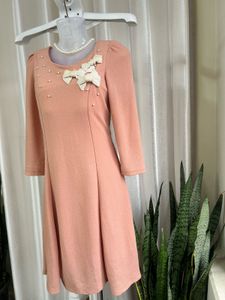 Korean peach Dress with Pearl &amp; Bow Detail