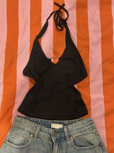 Black Halter Neck Top with Heart Detail