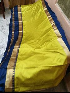 NewVibrant Yellow&Blue ZariBorder CottonSilk Sare