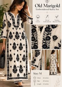 Old Marigold Black & White Embroidered Cotton Kurt