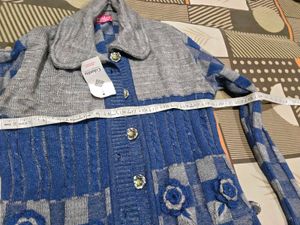 Blue &amp; Grey Knit Cardigan with Floral Detail