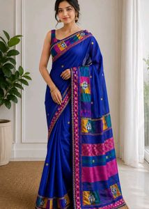 Vibrant Blue Silk Saree with Colorful Border