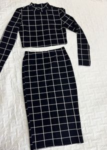 Black & White Grid Crop Top and Skirt