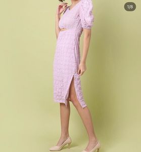 Lavender Puff Sleeve Cutout Midi Dress