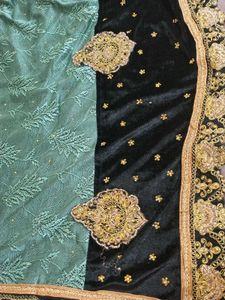 Elegant Black & Mint Green Embroidered Saree