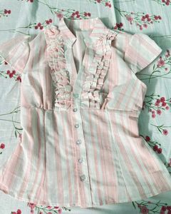 Pink Striped Ruffled Button-Up Blouse
