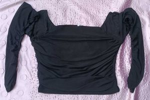 Chic Black Ruched Mesh Sleeve Top