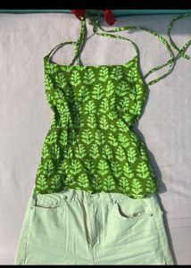 Green Block Print Cotton Blouse