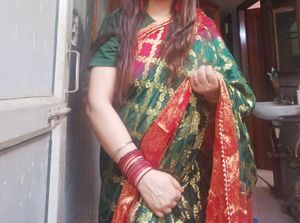 Elegant Green &amp; Red Brocade Saree