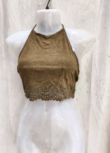 I. Brown Suede Cut-out Crop Top