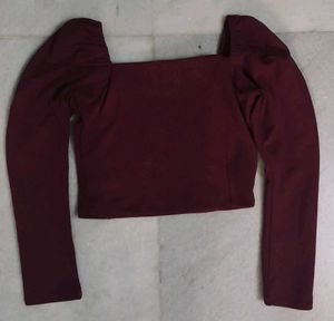 Maroon Puff Sleeve Square Neck Top