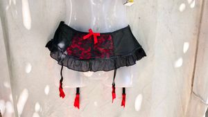 Black Lace Garter Belt with Red Bow
