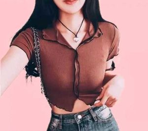 Brown Collar Pico Crop Top Short Sleeves