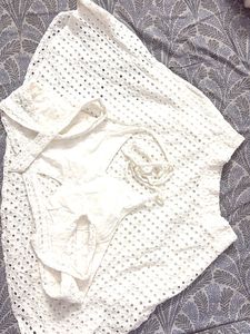 beach wear Chic White Eyelet Crop Top &amp; Skirt Set