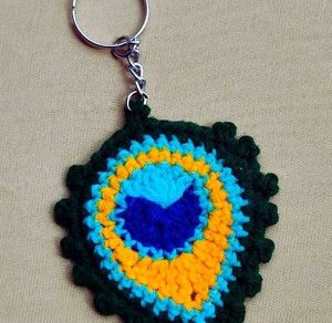 Handmade Crochet Peacock Feather Keychain.