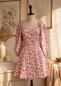 Floral Print Puff Sleeve Sweetheart Neck Dress
