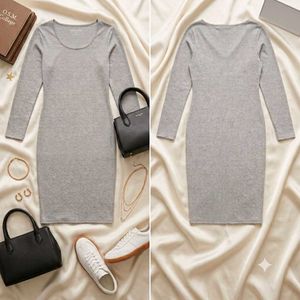 Elegant Grey Long Sleeve Midi Dress