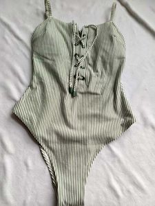 Striped One-Piece Swimsuit with Lace-Up Front