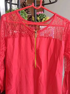 Red Lace Sleeve Kurta