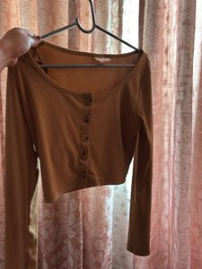 Womens Brown Long Sleeve Crop Top